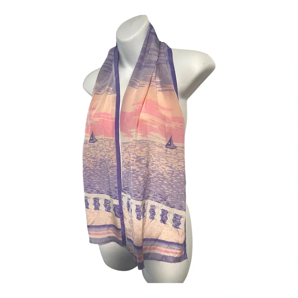 MADELEINE DE RAUCH Paris Silk Scarf Pink Purple Coastal Sailboat Scarf Or Belt